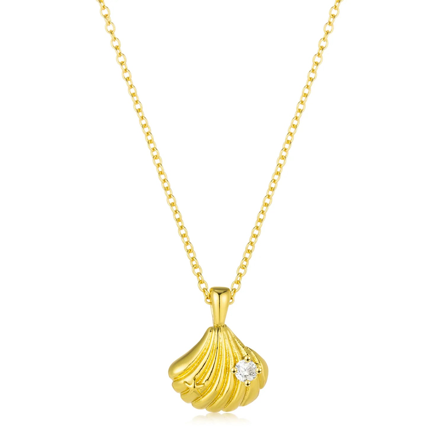 Ajatine gold scallop pendant necklace made of brass with cubic zirconia, dainty beach jewelry for women