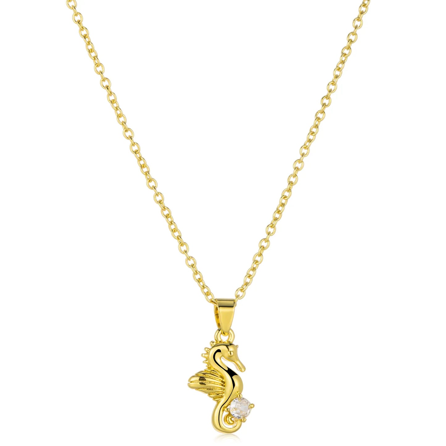 Ajatine gold seahorse pendant necklace, brass with zircon, dainty nautical jewelry for women, beachy everyday wear accessory