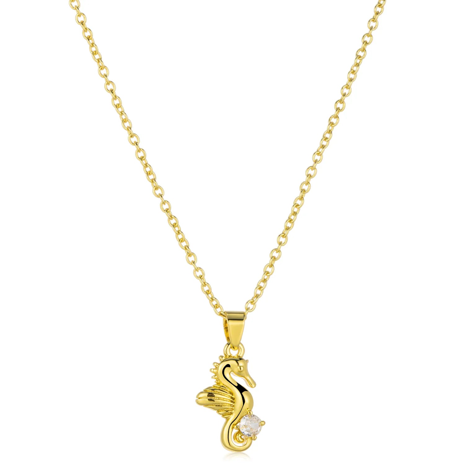 Ajatine gold seahorse pendant necklace, brass with zircon, dainty nautical jewelry for women, beachy everyday wear accessory