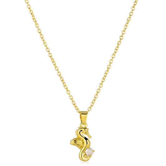Ajatine gold seahorse pendant necklace, brass with zircon, dainty nautical jewelry for women, beachy everyday wear accessory