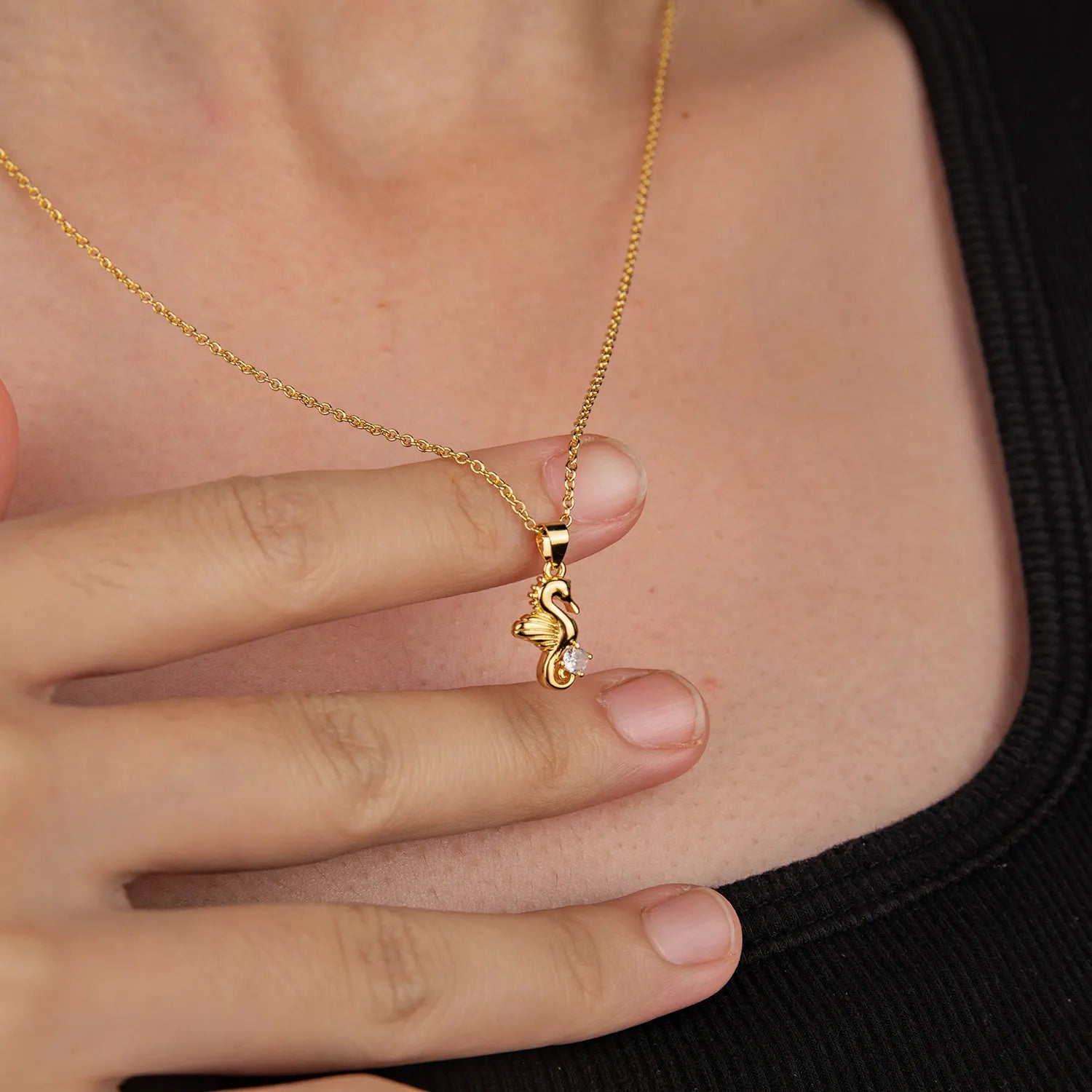 Ajatine gold seahorse pendant necklace, brass with zircon, dainty nautical jewelry for women, beachy everyday wear accessory