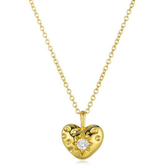 Ajatine brass zircon heart pendant necklace with sparkling cubic zirconia, 14K gold plated design for women’s daily & occasion wear