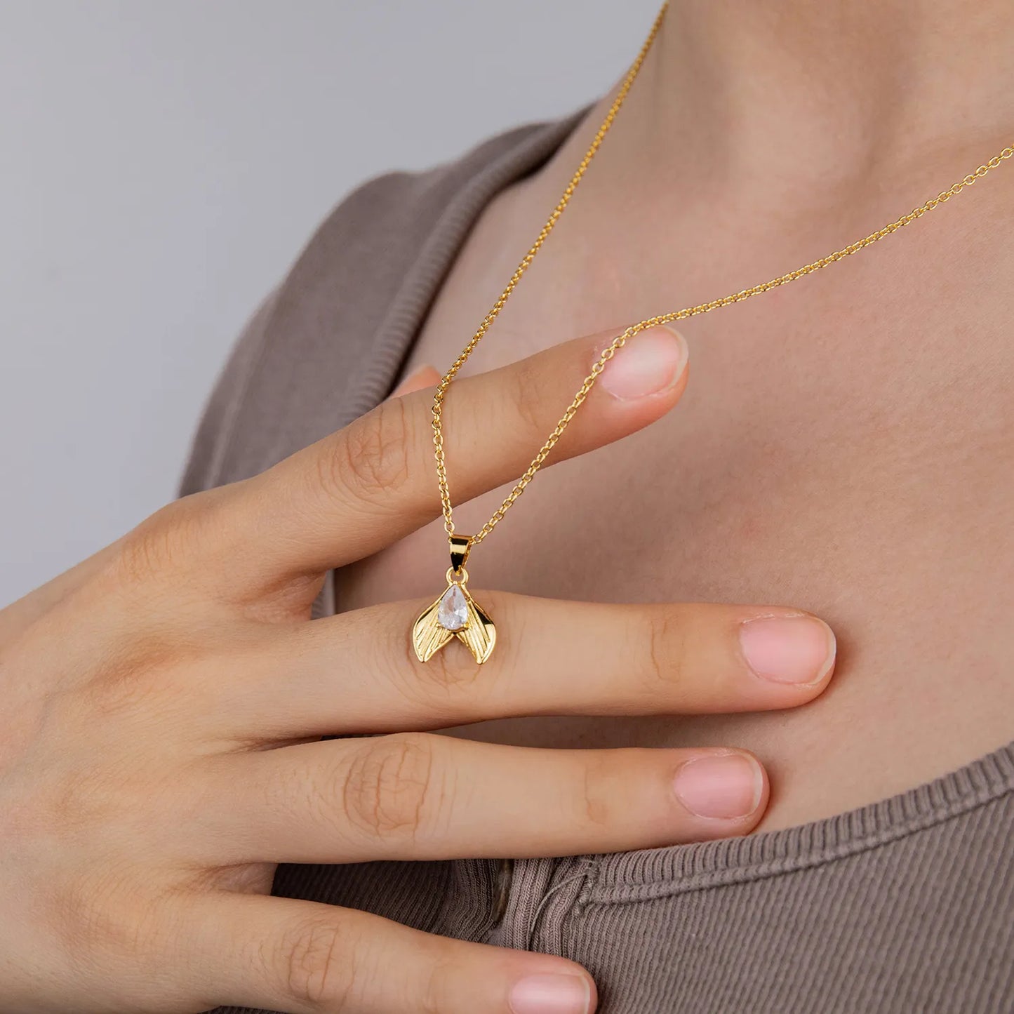 Ajatine Dainty Mermaid Tail Pendant Necklace - Brass with Zircon Nautical Jewelry for Women