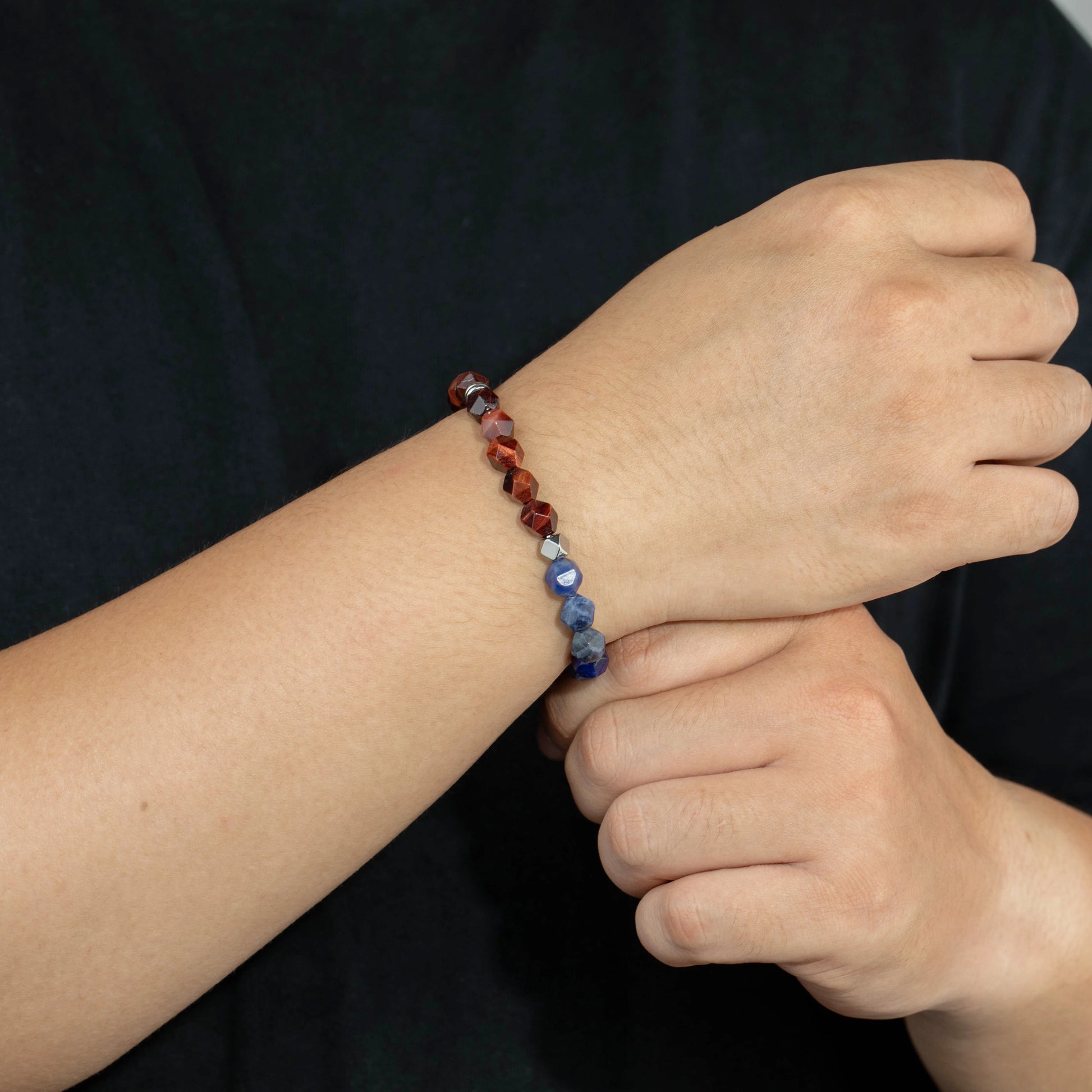 Ajatine brown and blue natural stone beaded stretch bracelet