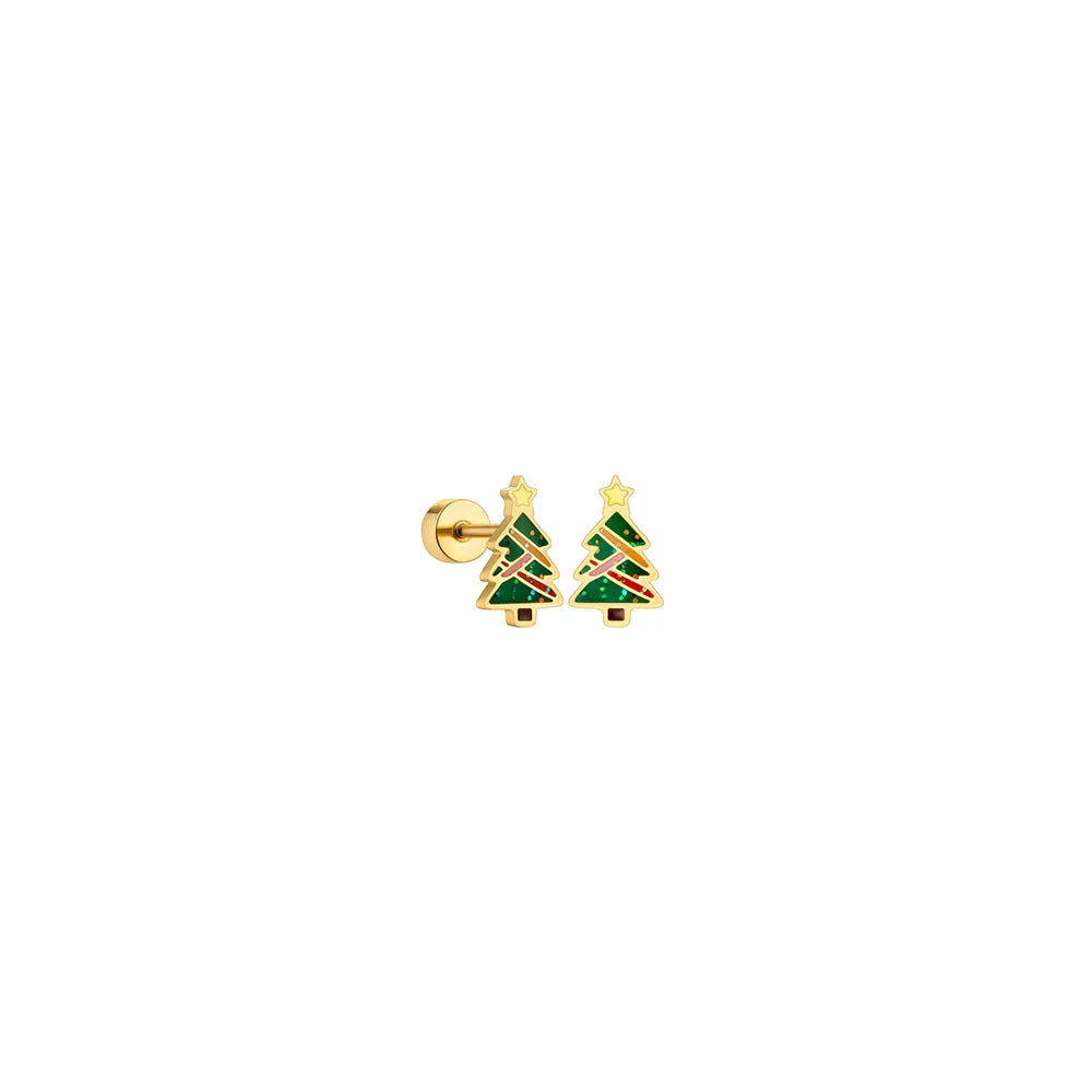 Ajatine Christmas tree stud earrings, gold-plated festive holiday jewelry with glittery details