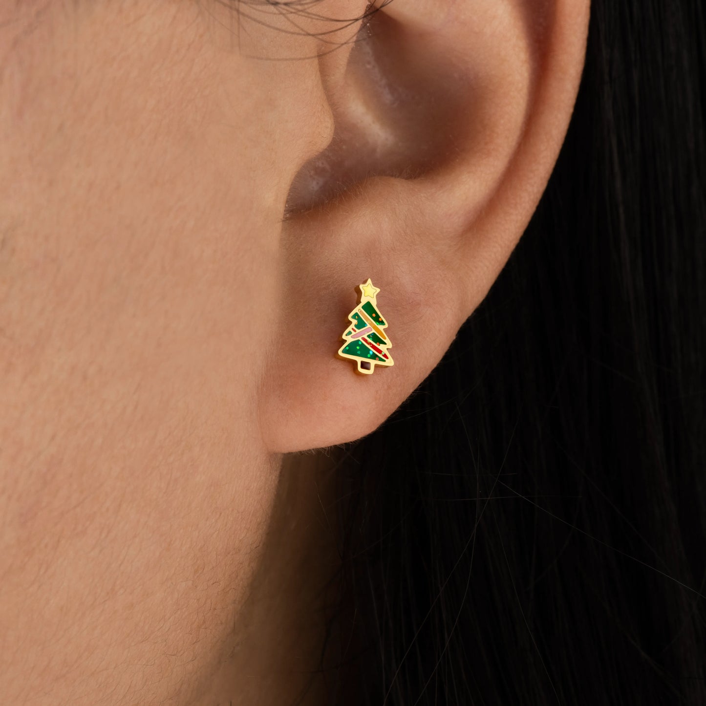 Ajatine Christmas tree stud earrings, gold-plated festive holiday jewelry with glittery details