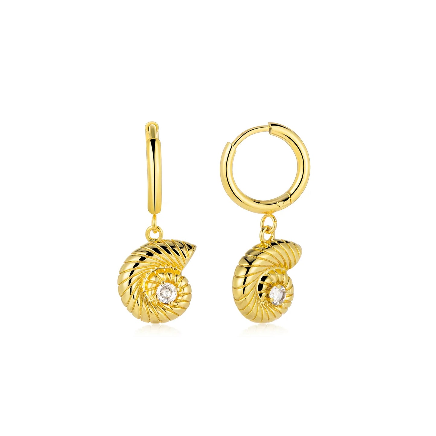 Gold conch dangle earrings with elegant spiral detail
