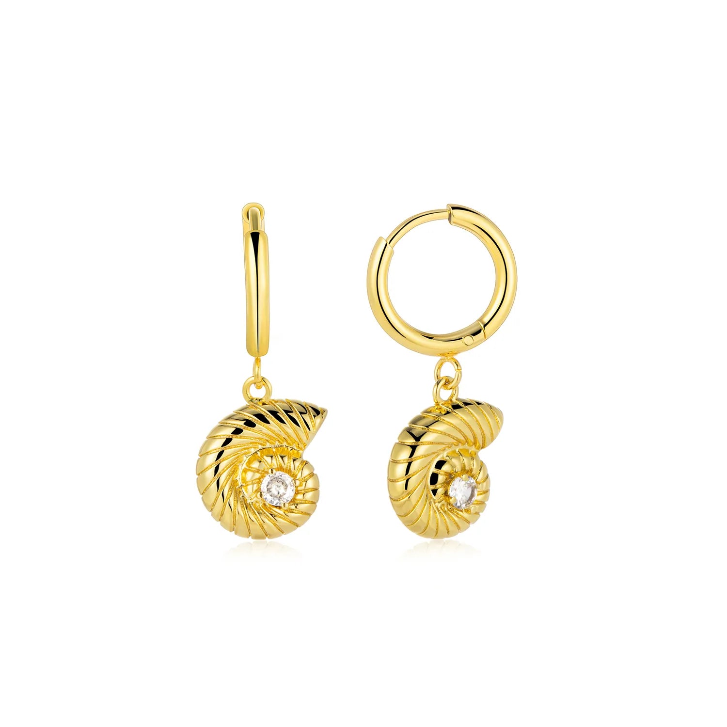 Gold conch dangle earrings with elegant spiral detail