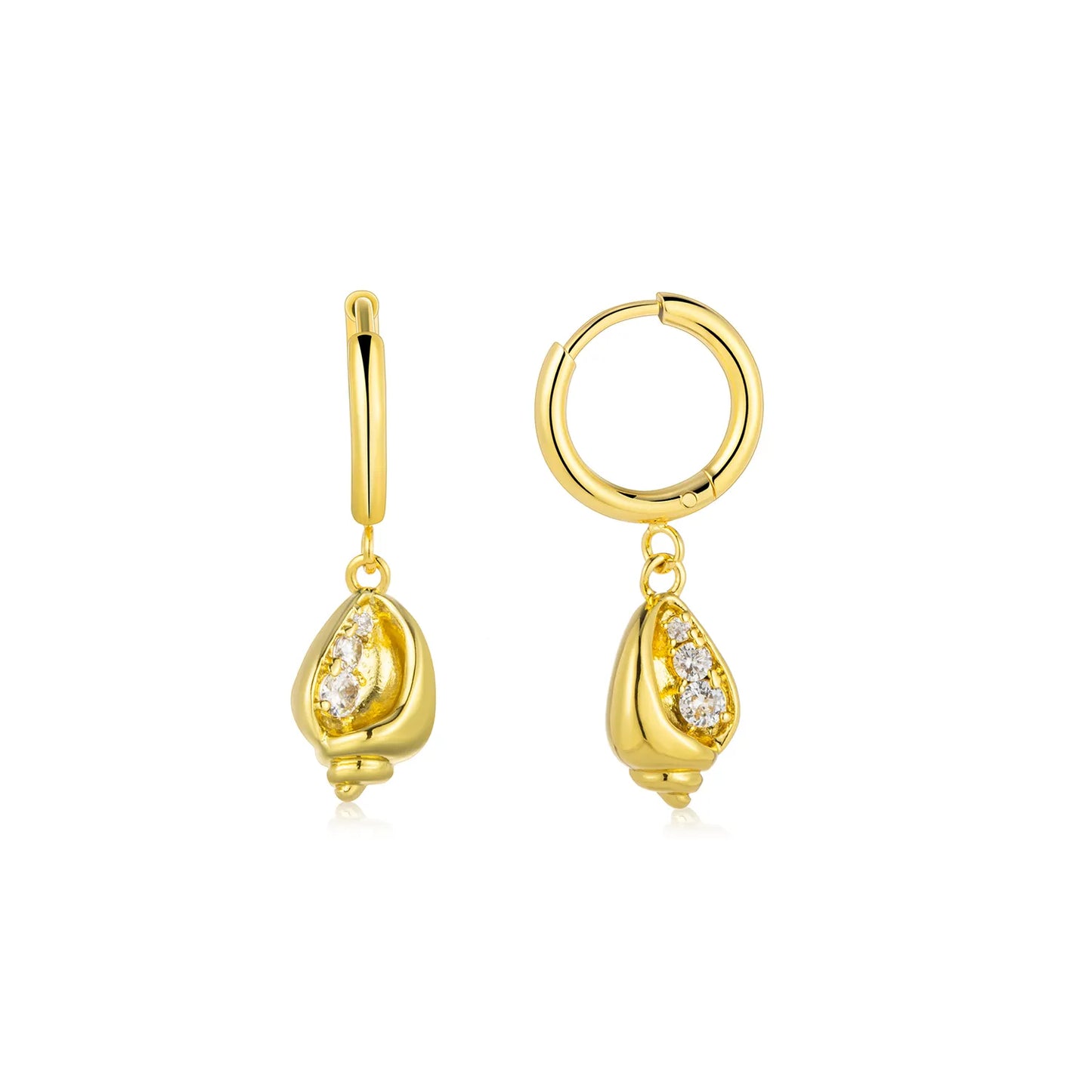 Gold tone conch shell dangle earrings with sparkling zircon, coastal style jewelry