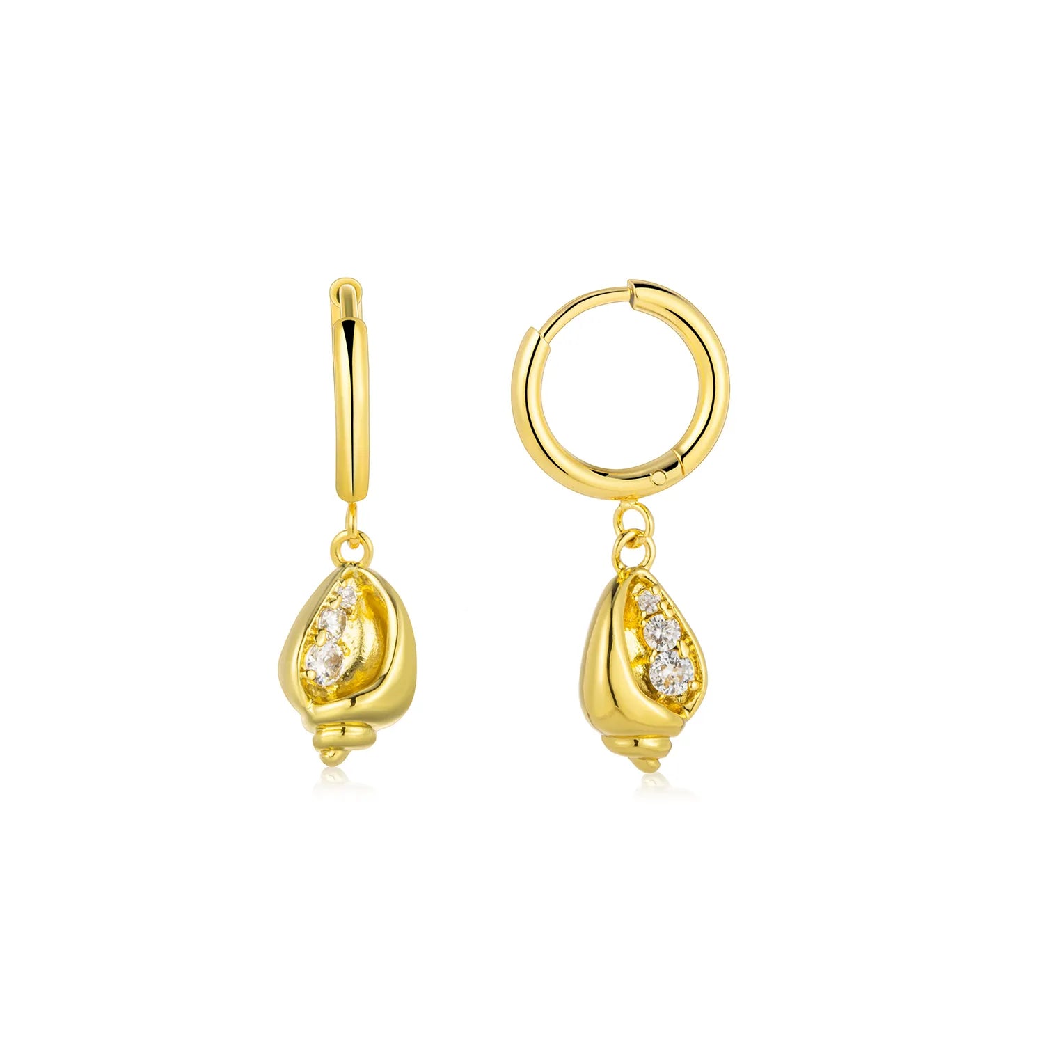 Gold tone conch shell dangle earrings with sparkling zircon, coastal style jewelry