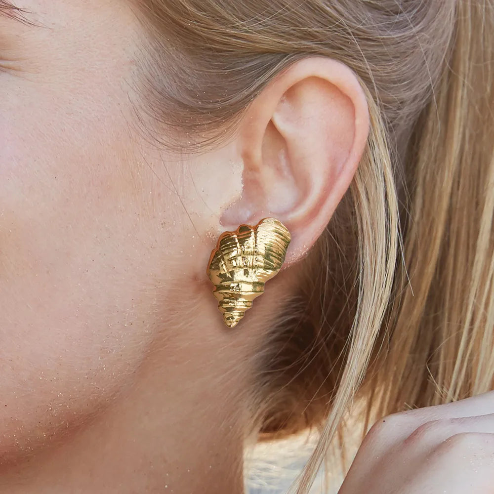 Ajatine gold conch earrings, beach inspired nautical jewelry for women
