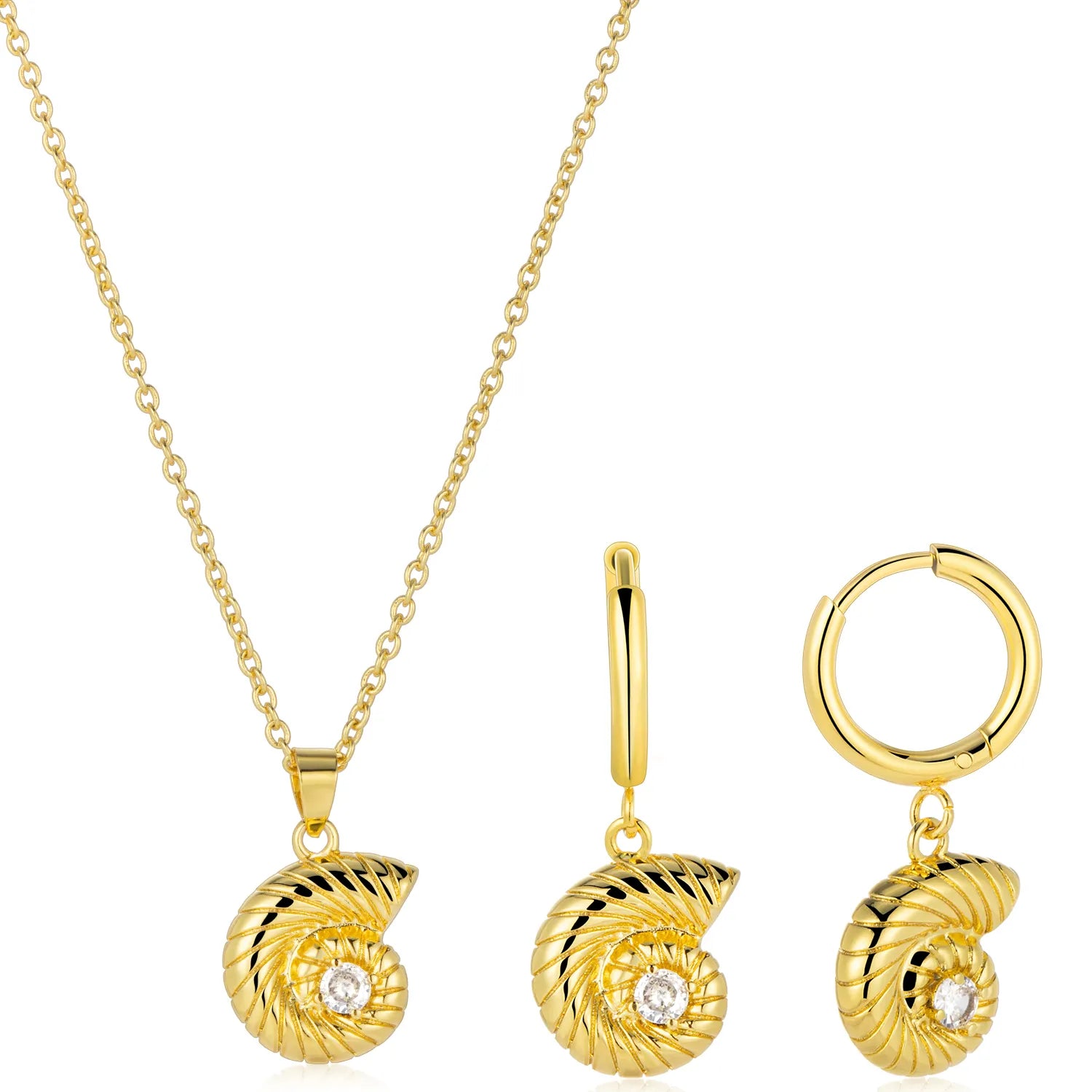 Gold conch jewelry set (necklace + earrings) with spiral design