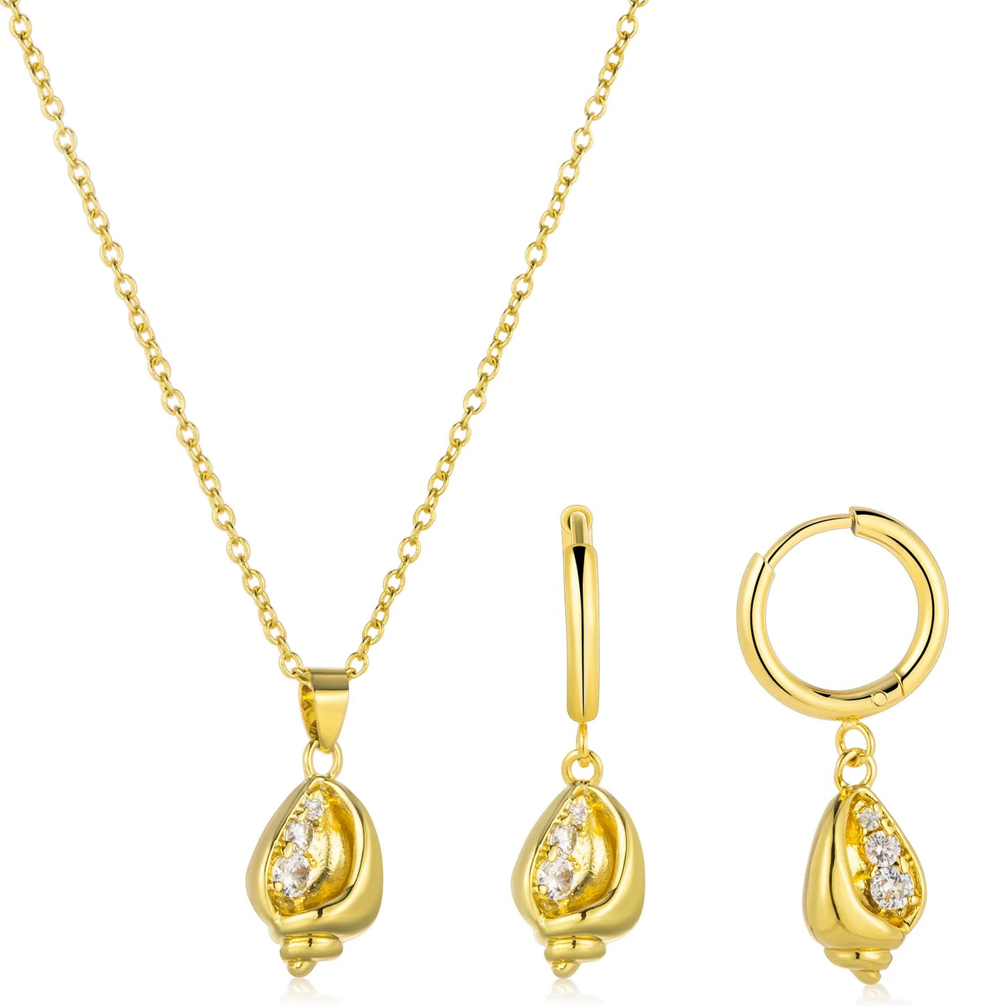 Ajatine conch shell jewelry set including necklace and earrings, gold tone with zircon accents