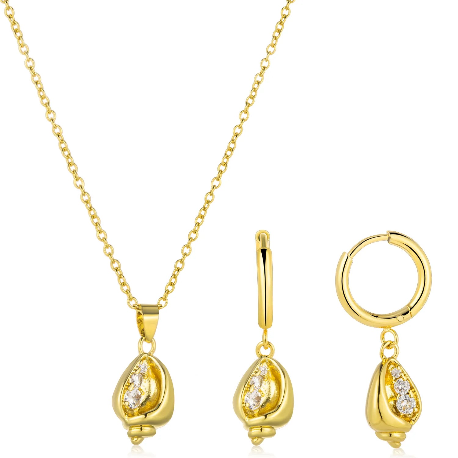 Ajatine conch shell jewelry set including necklace and earrings, gold tone with zircon accents