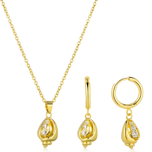 Ajatine conch shell jewelry set including necklace and earrings, gold tone with zircon accents