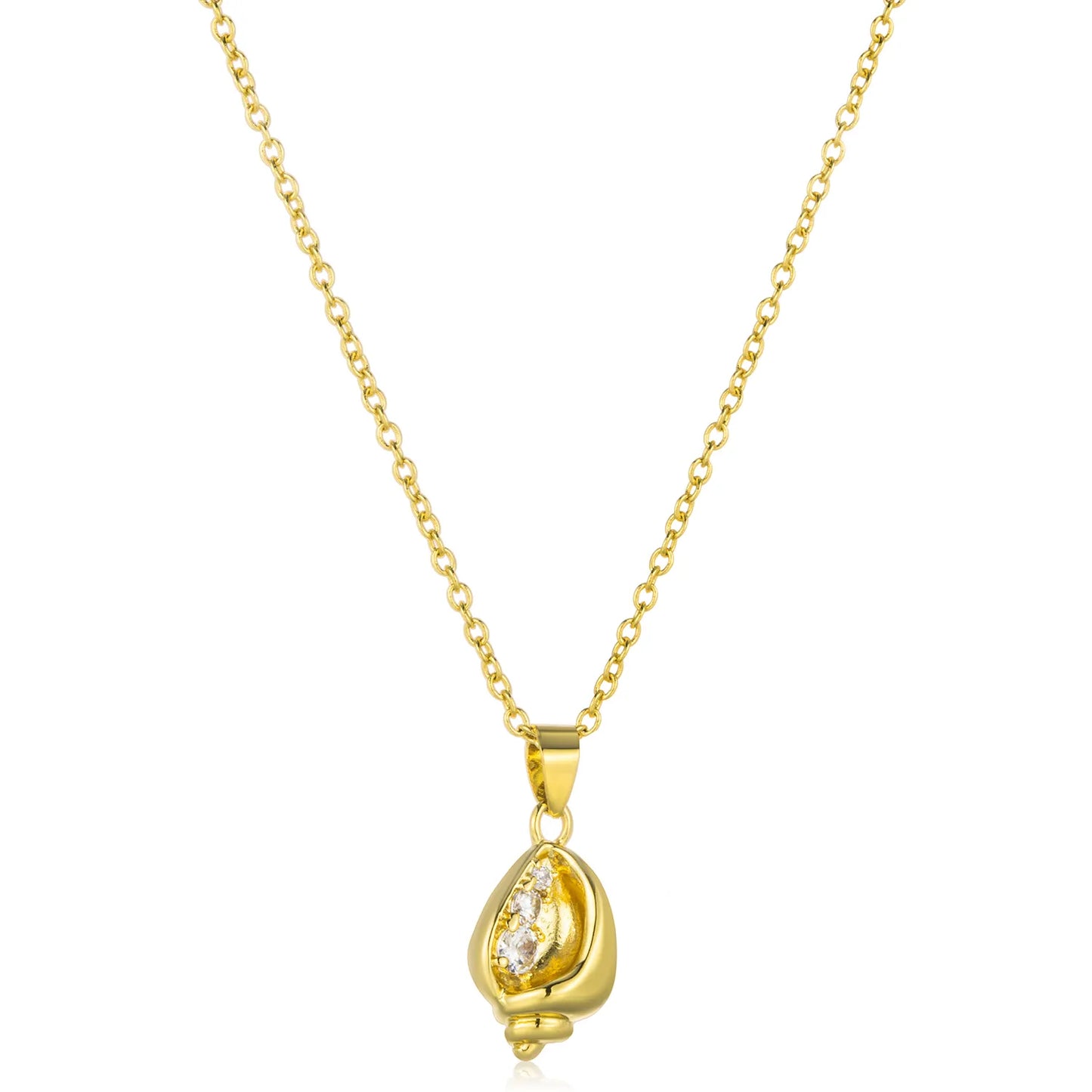 Dainty gold tone conch shell pendant necklace with zircon, ocean-inspired accessory