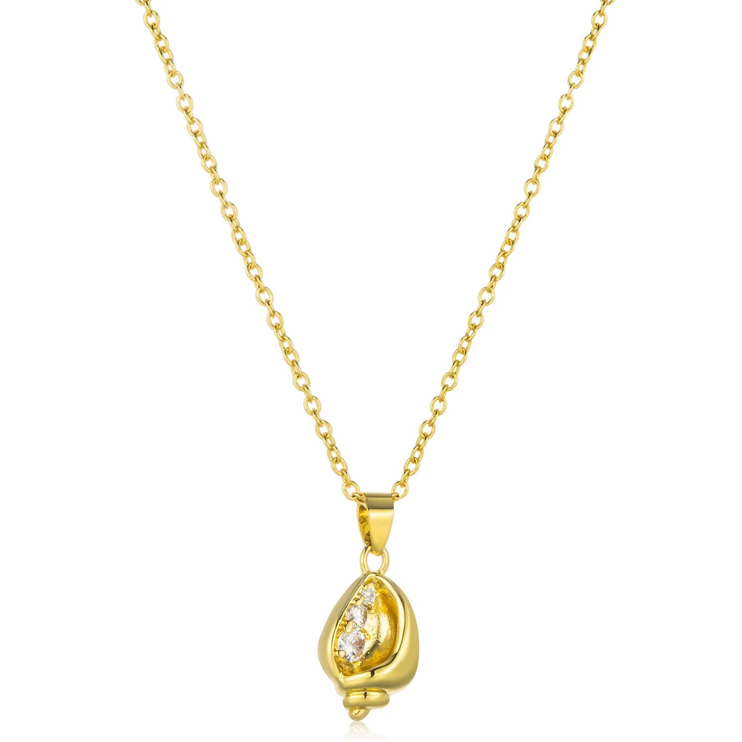 Dainty gold tone conch shell pendant necklace with zircon, ocean-inspired accessory