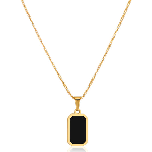 Ajatine black rectangular pendant necklace, dainty minimalist stainless steel necklace