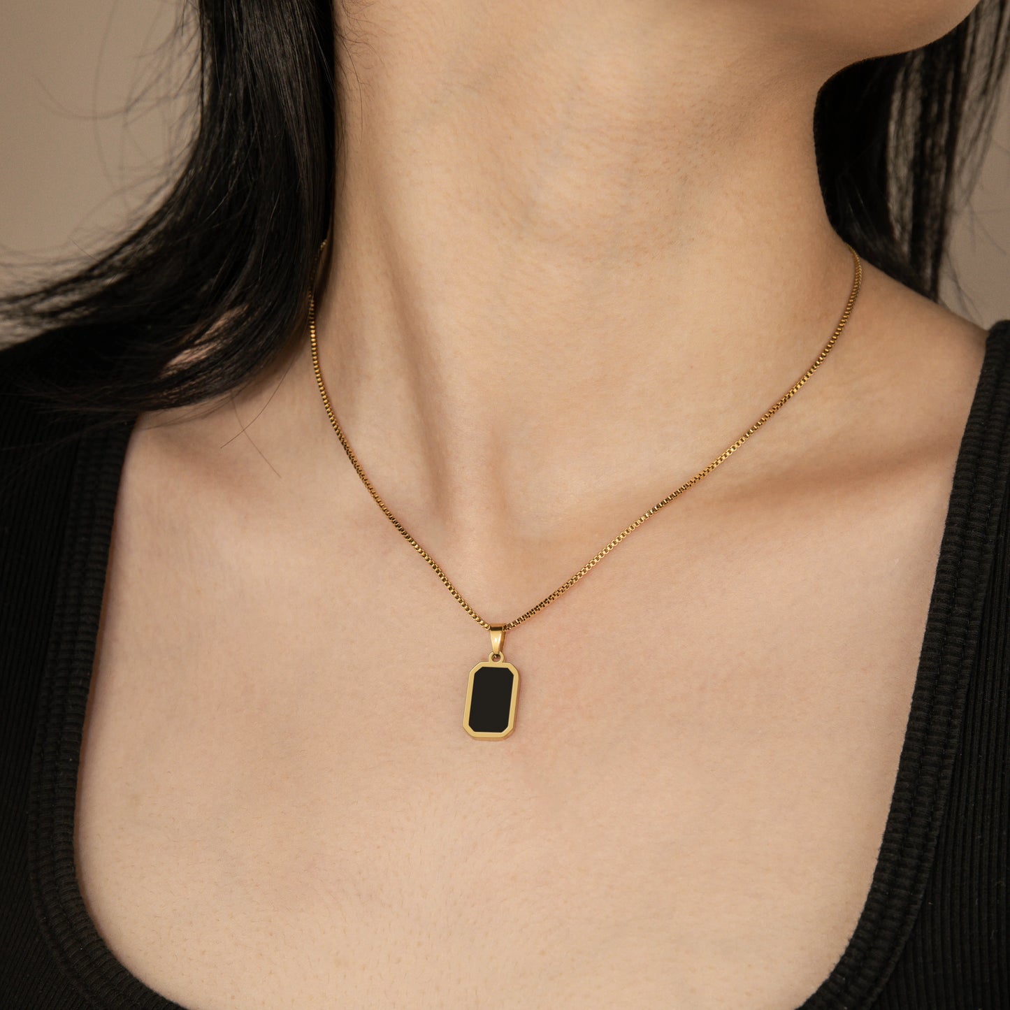 Ajatine black rectangular pendant necklace, dainty minimalist stainless steel necklace