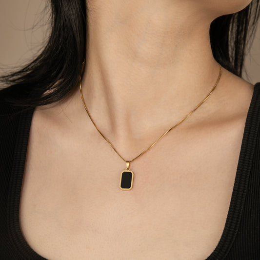 Ajatine black rectangular pendant necklace, dainty minimalist stainless steel necklace