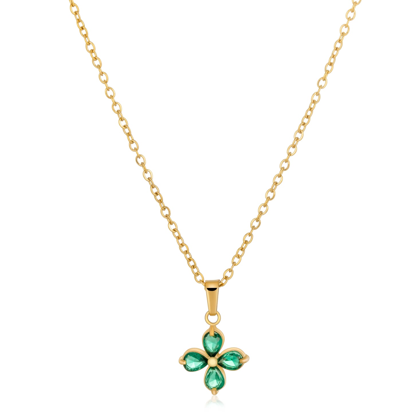 Ajatine four leaf clover necklace with gold chain and green crystal pendant