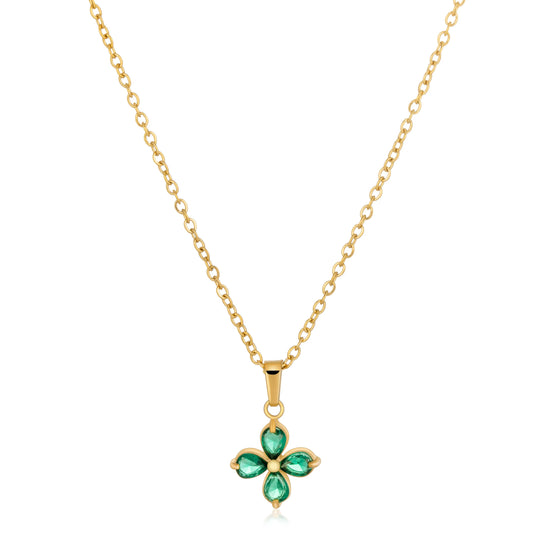 Ajatine four leaf clover necklace with gold chain and green crystal pendant