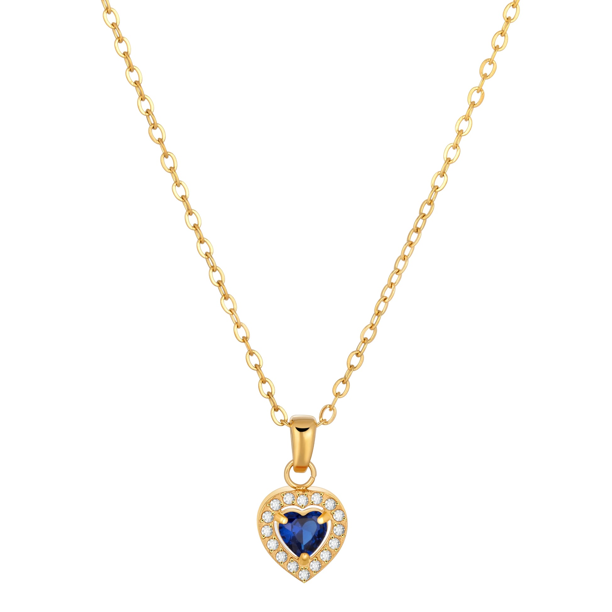 Heart shaped dark blue crystal gold necklace with cubic zircon pendant