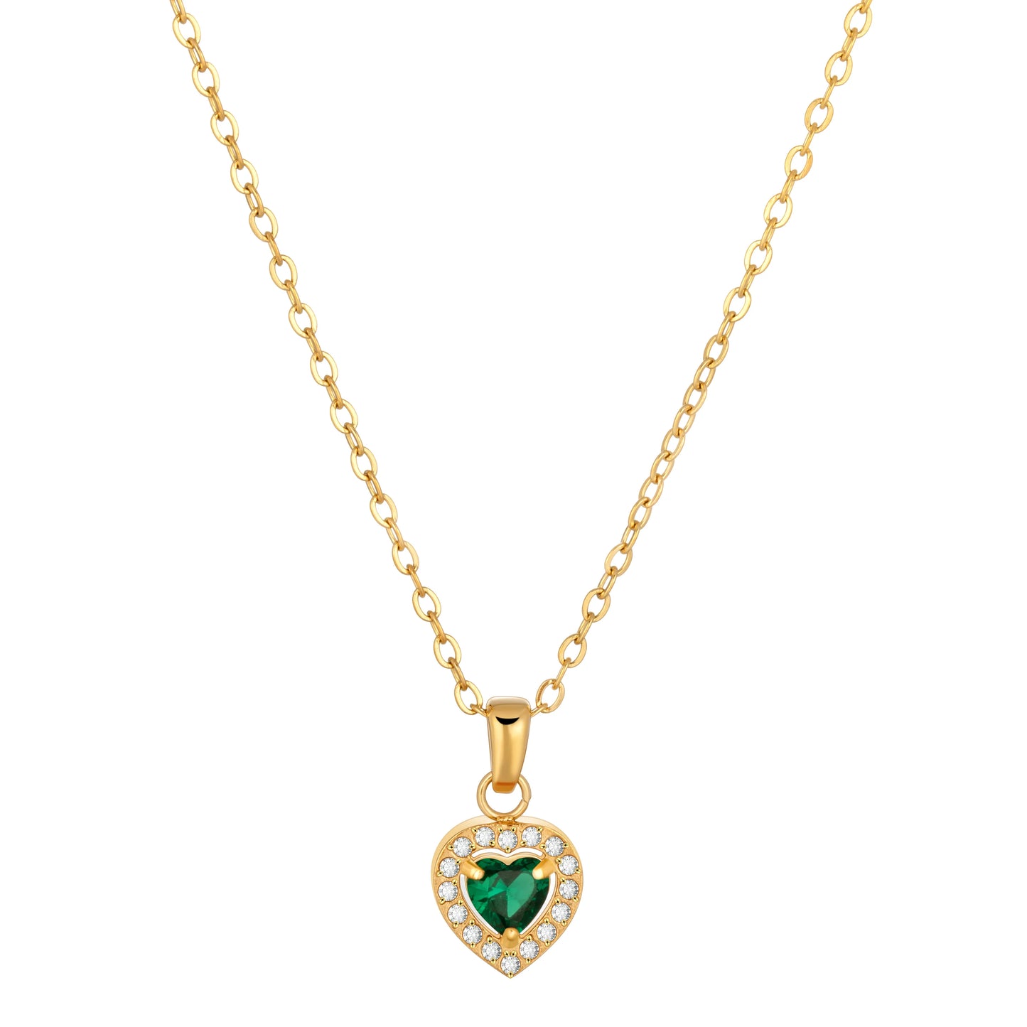 Heart shaped green crystal gold necklace with cubic zircon pendant