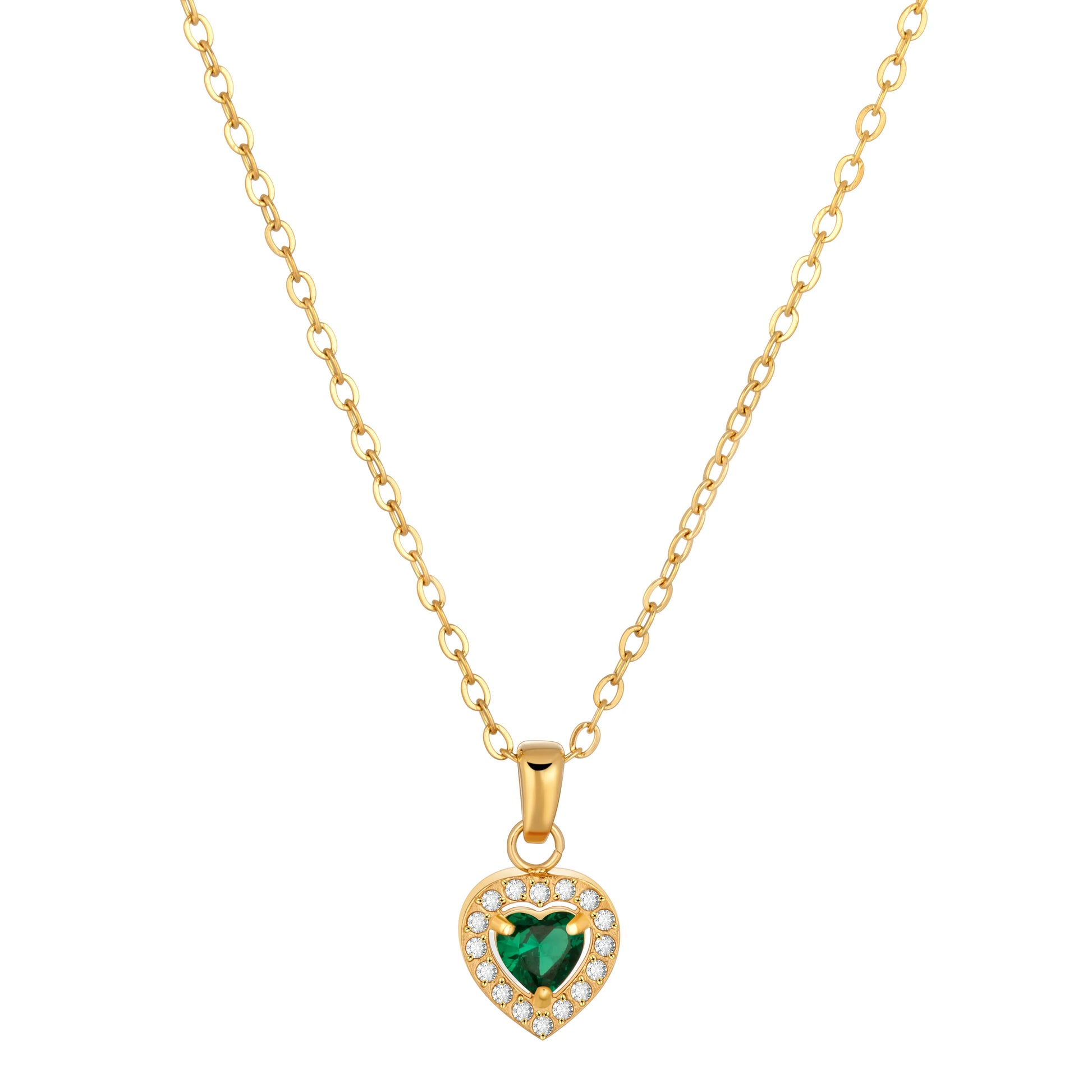 Heart shaped green crystal gold necklace with cubic zircon pendant