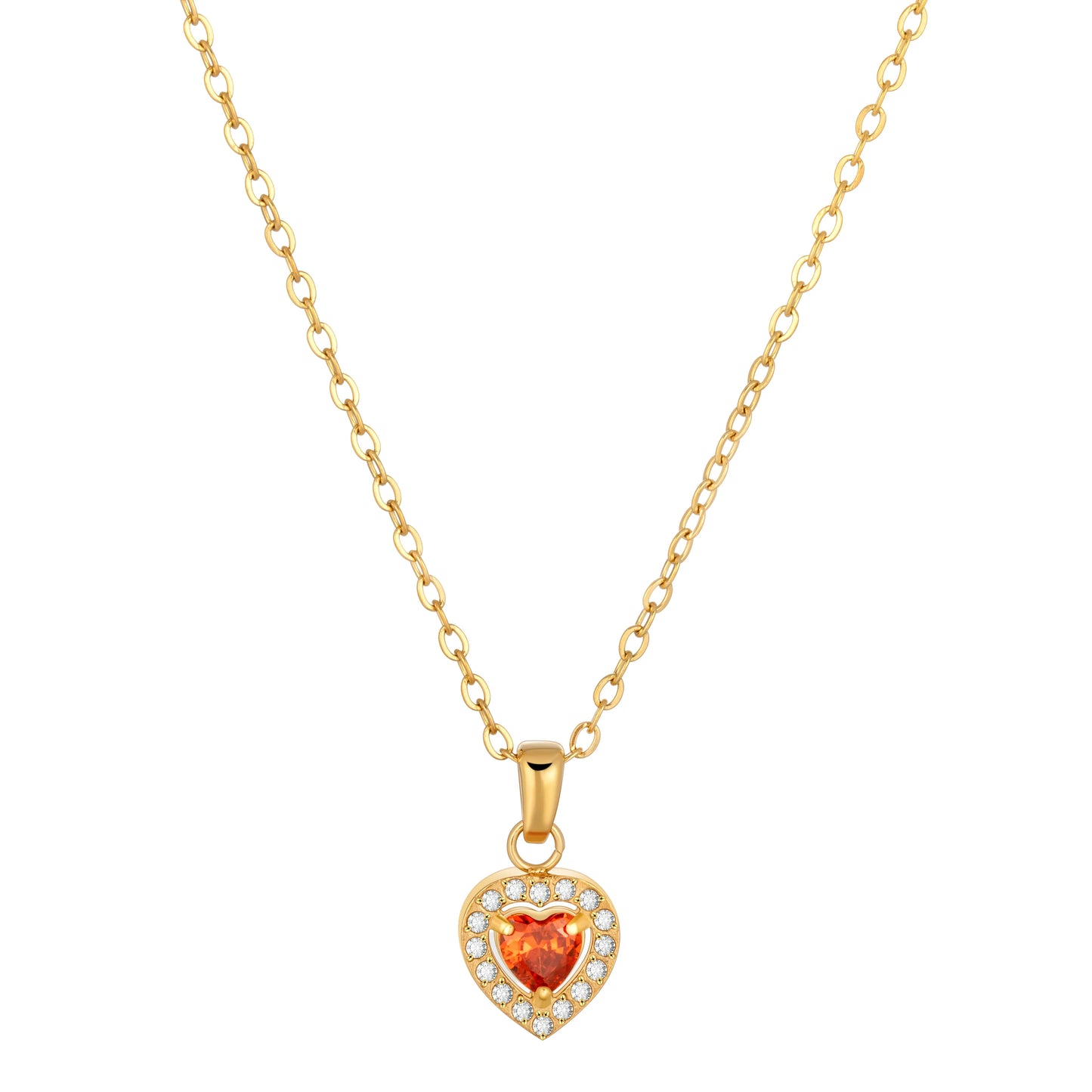 Heart shaped orange crystal gold necklace with cubic zircon pendant