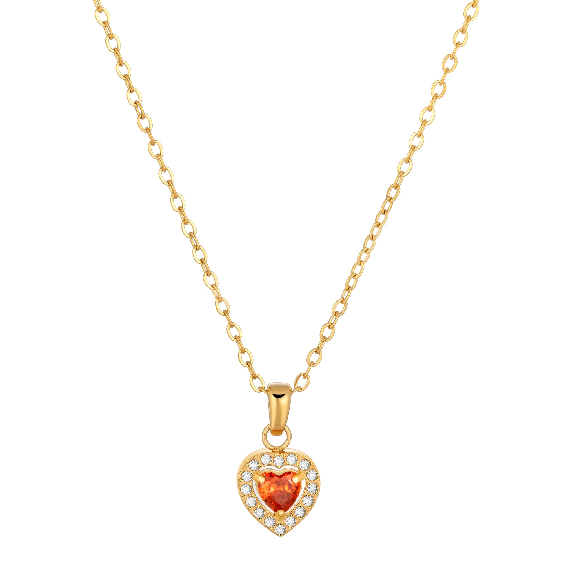 Heart shaped orange crystal gold necklace with cubic zircon pendant