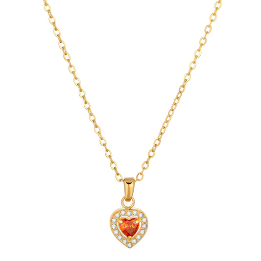 Heart shaped orange crystal gold necklace with cubic zircon pendant