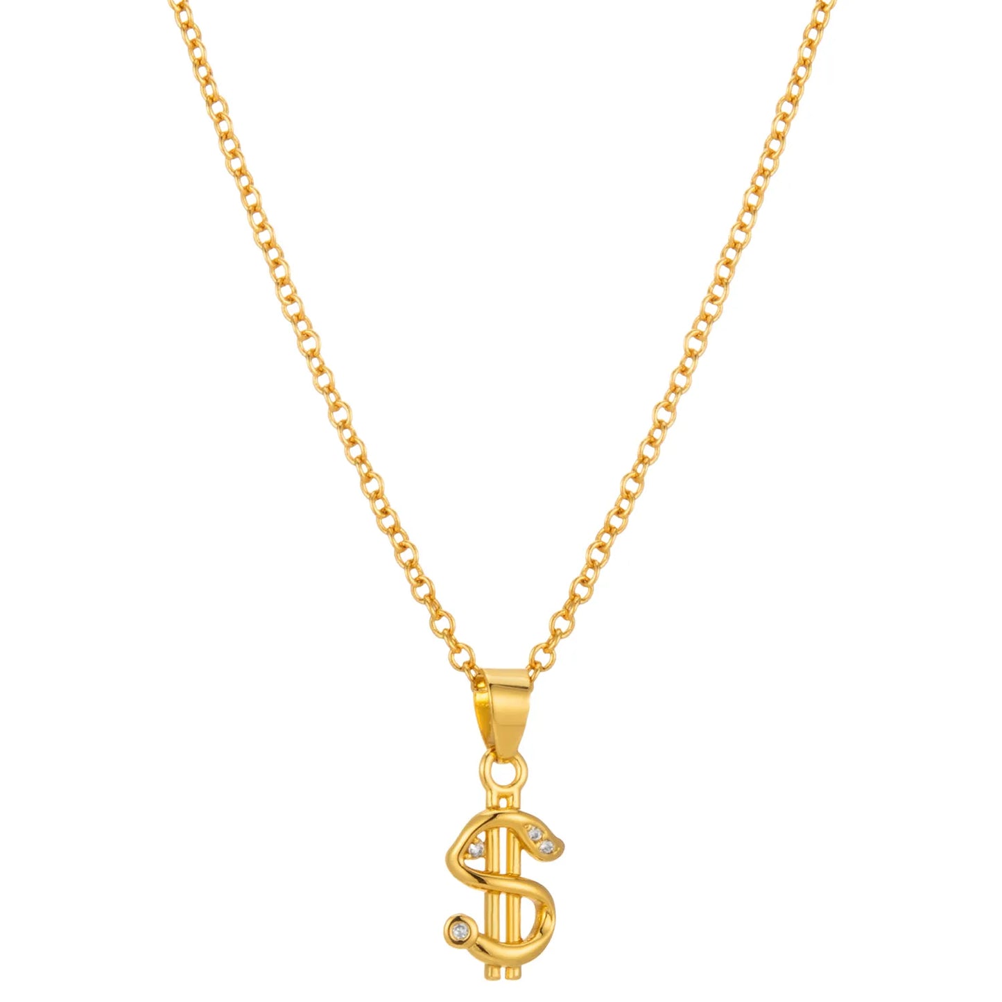 Trendy gold dollar sign pendant necklace with subtle sparkles, a stylish accessory for everyday wear and party occasions