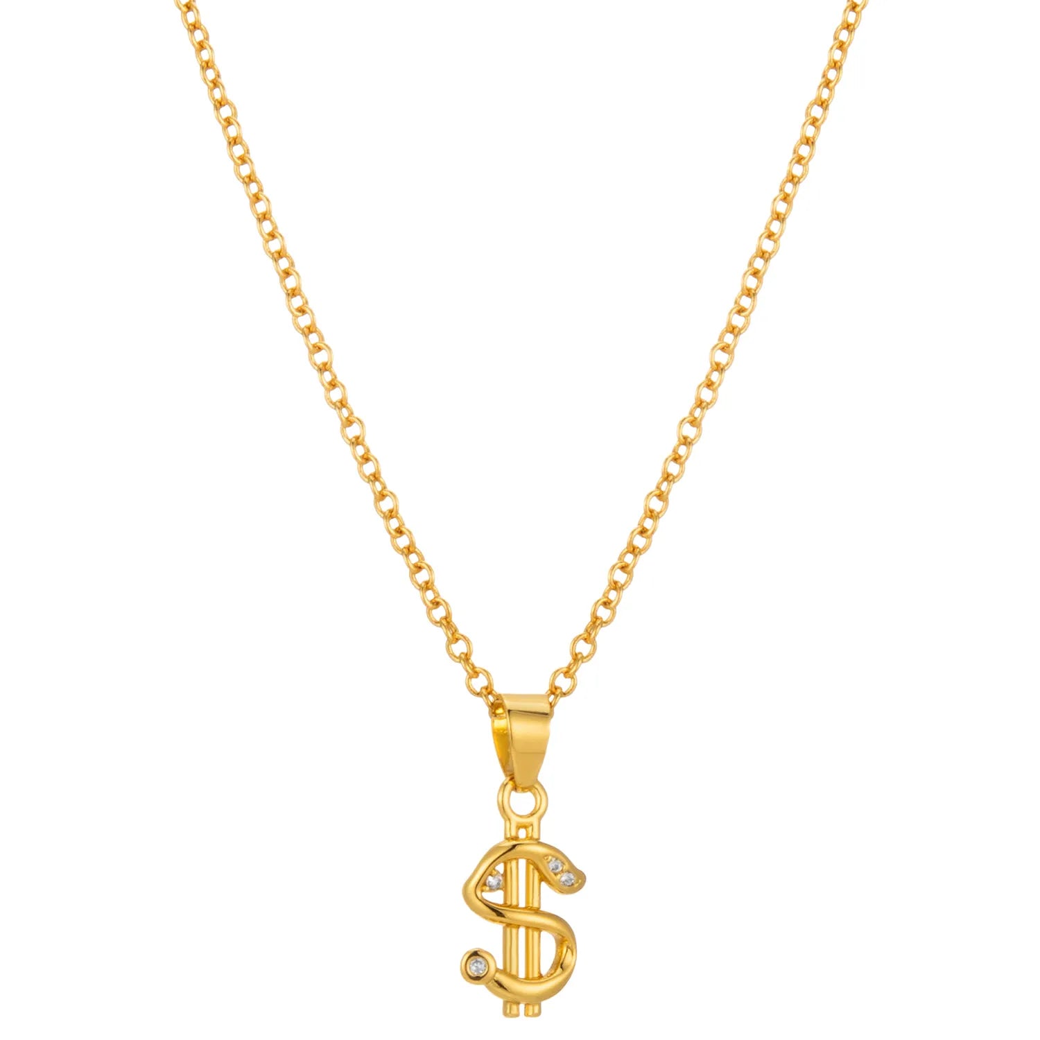 Trendy gold dollar sign pendant necklace with subtle sparkles, a stylish accessory for everyday wear and party occasions