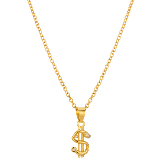 Trendy gold dollar sign pendant necklace with subtle sparkles, a stylish accessory for everyday wear and party occasions