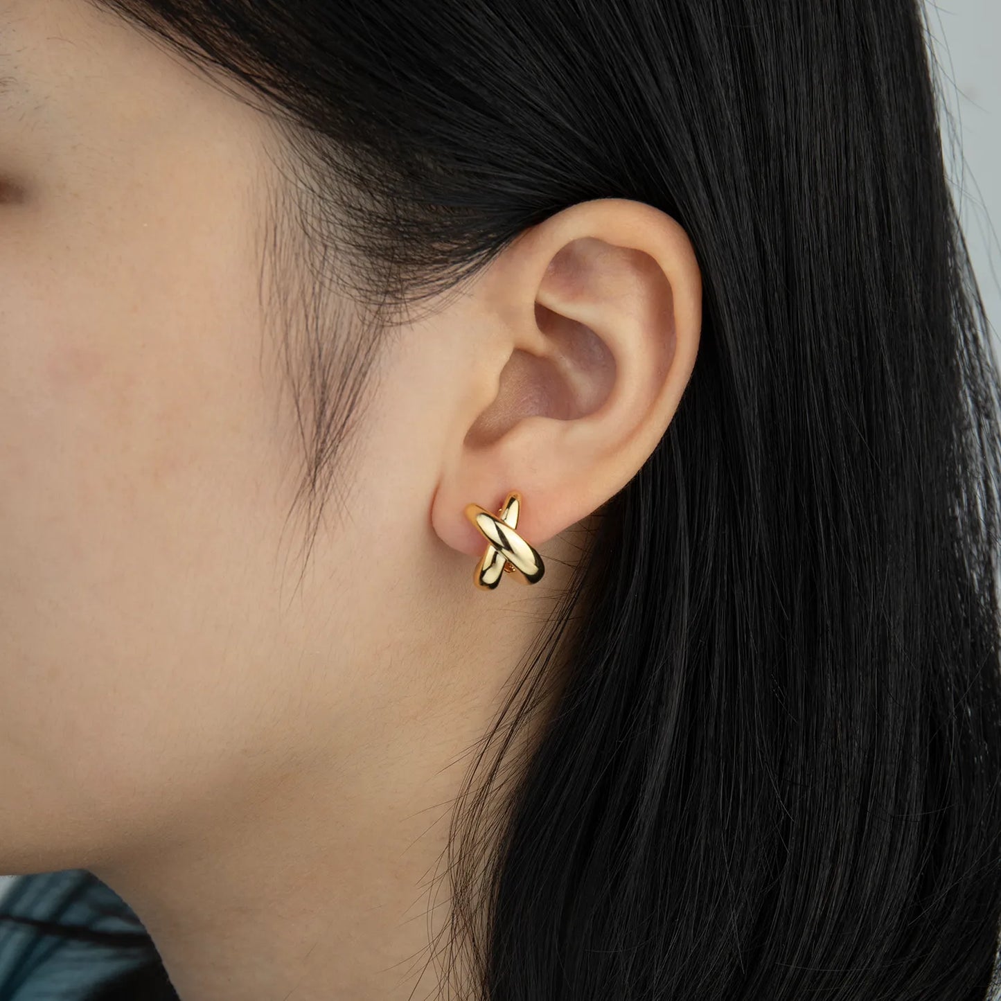 Ajatine double cross stud earrings, modern bold design, gold double cross earrings for women