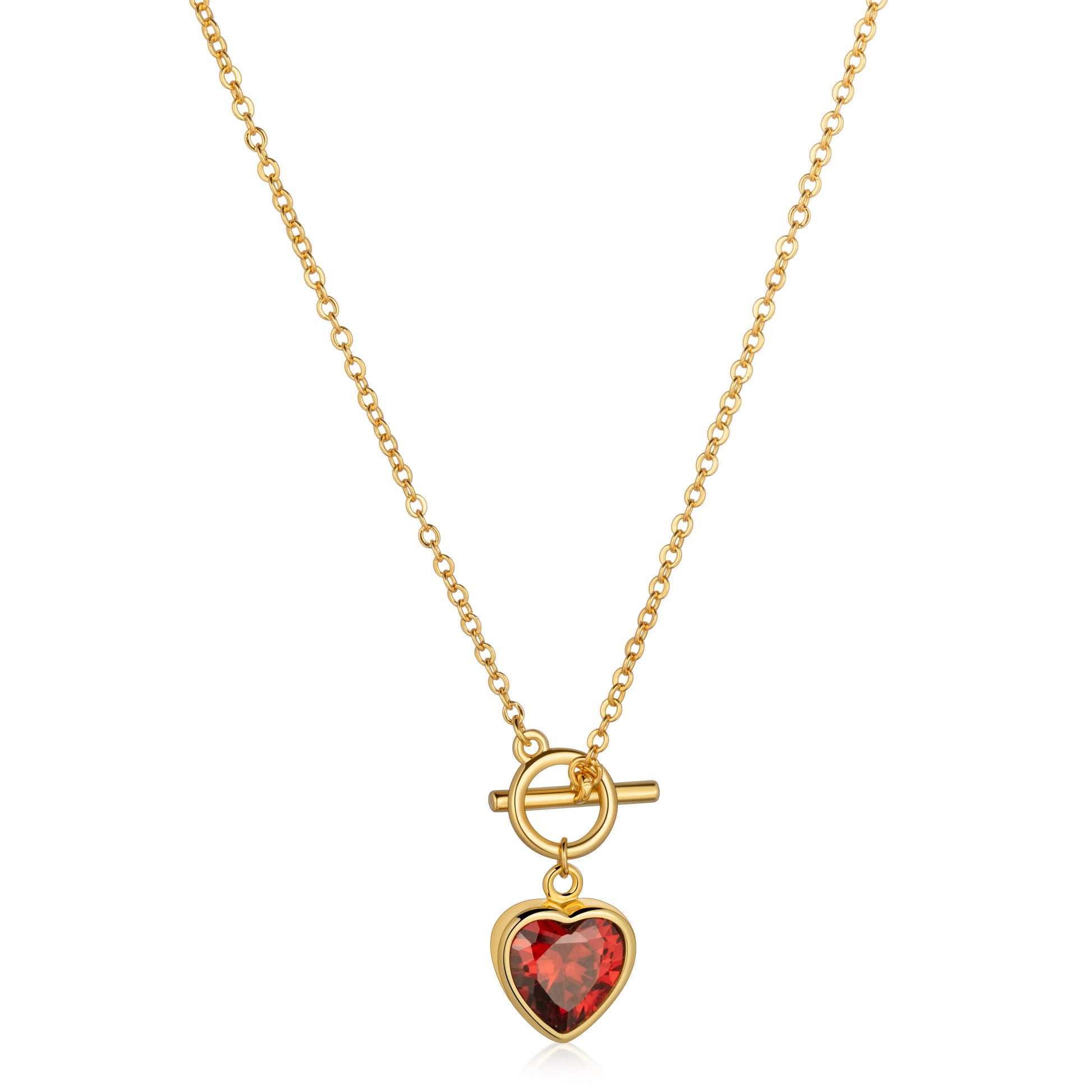 Ajatine heart shaped red crystal gold toggle necklace, elegant statement jewelry