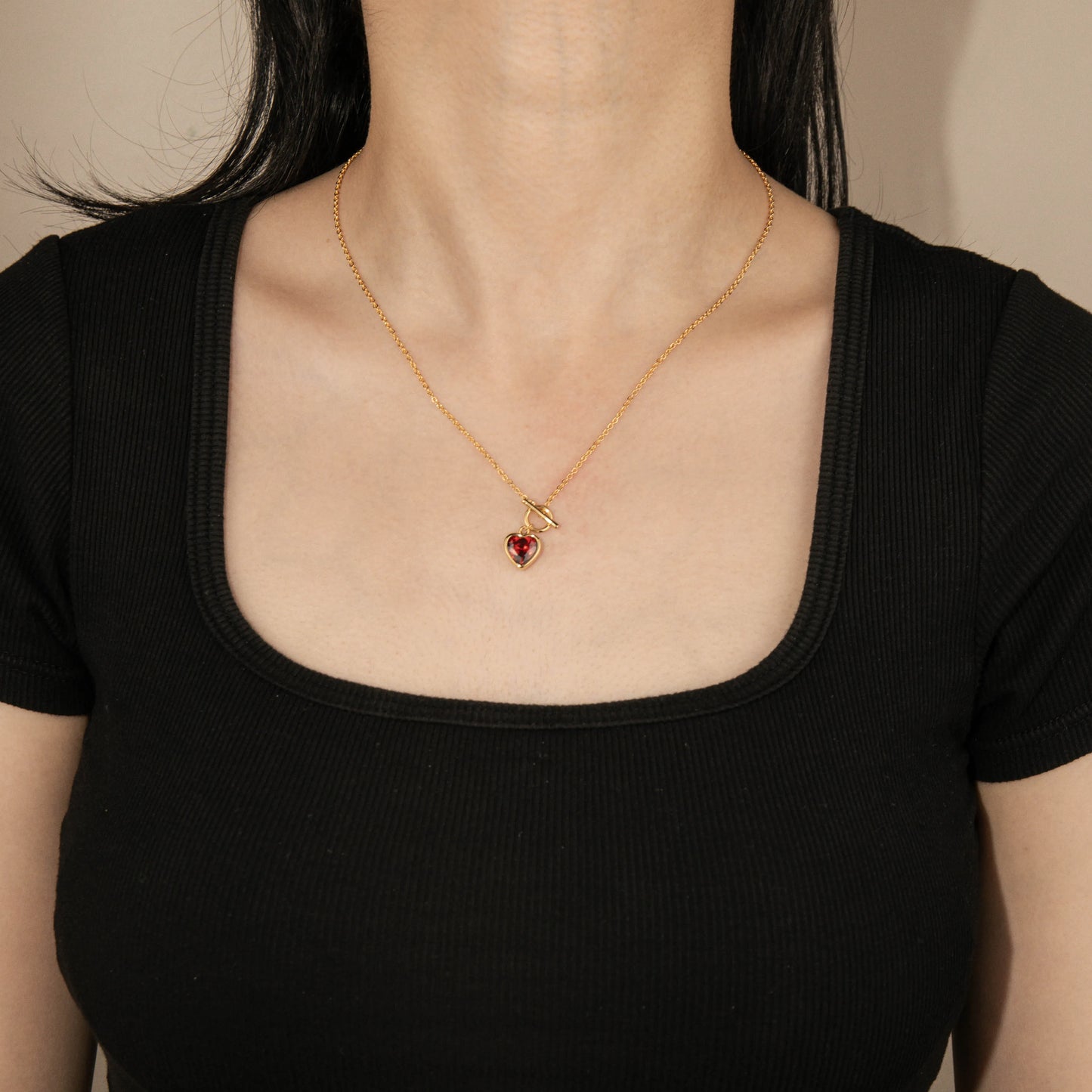 Ajatine heart shaped red crystal gold toggle necklace, elegant statement jewelry