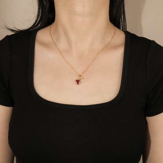 Ajatine heart shaped red crystal gold toggle necklace, elegant statement jewelry