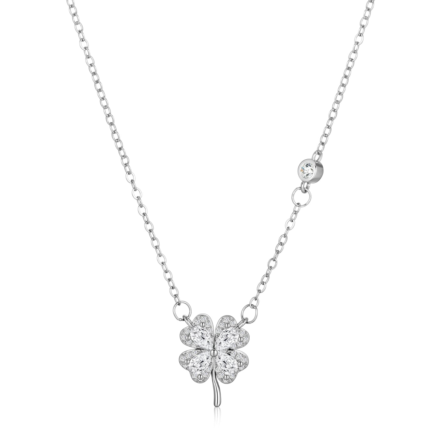 Ajatine four leaf clover necklace, silver crystal pendant, lucky jewelry