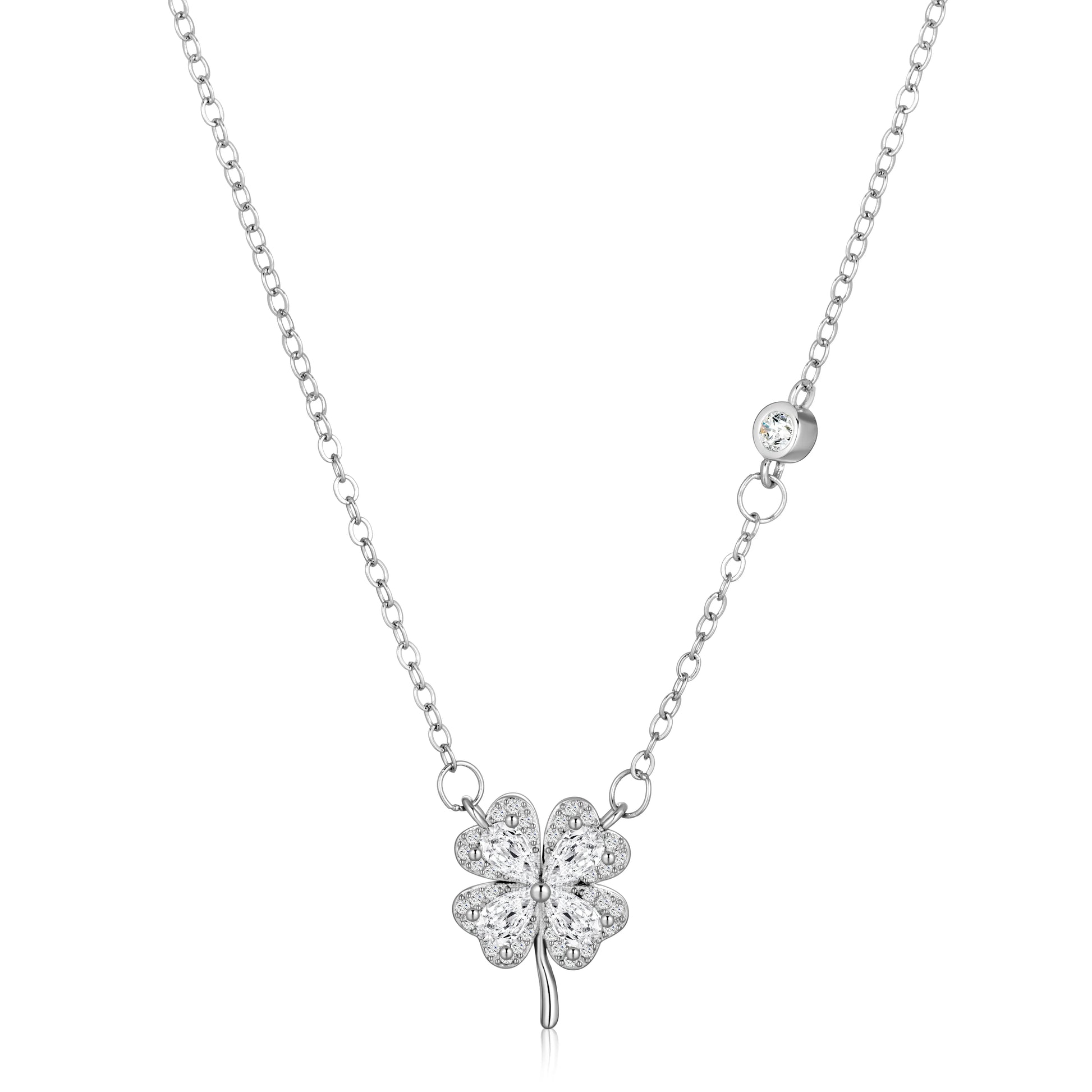 Ajatine four leaf clover necklace, silver crystal pendant, lucky jewelry