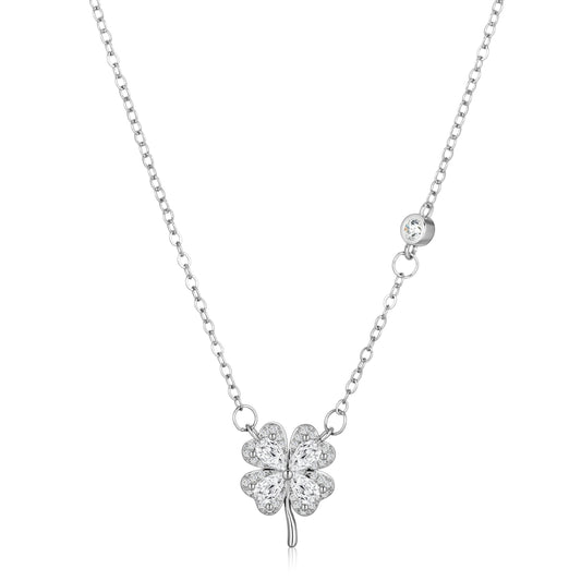 Ajatine four leaf clover necklace, silver crystal pendant, lucky jewelry