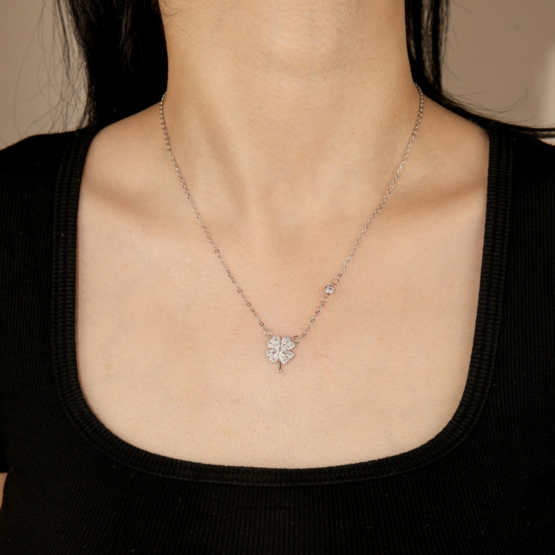 Ajatine four leaf clover necklace, silver crystal pendant, lucky jewelry