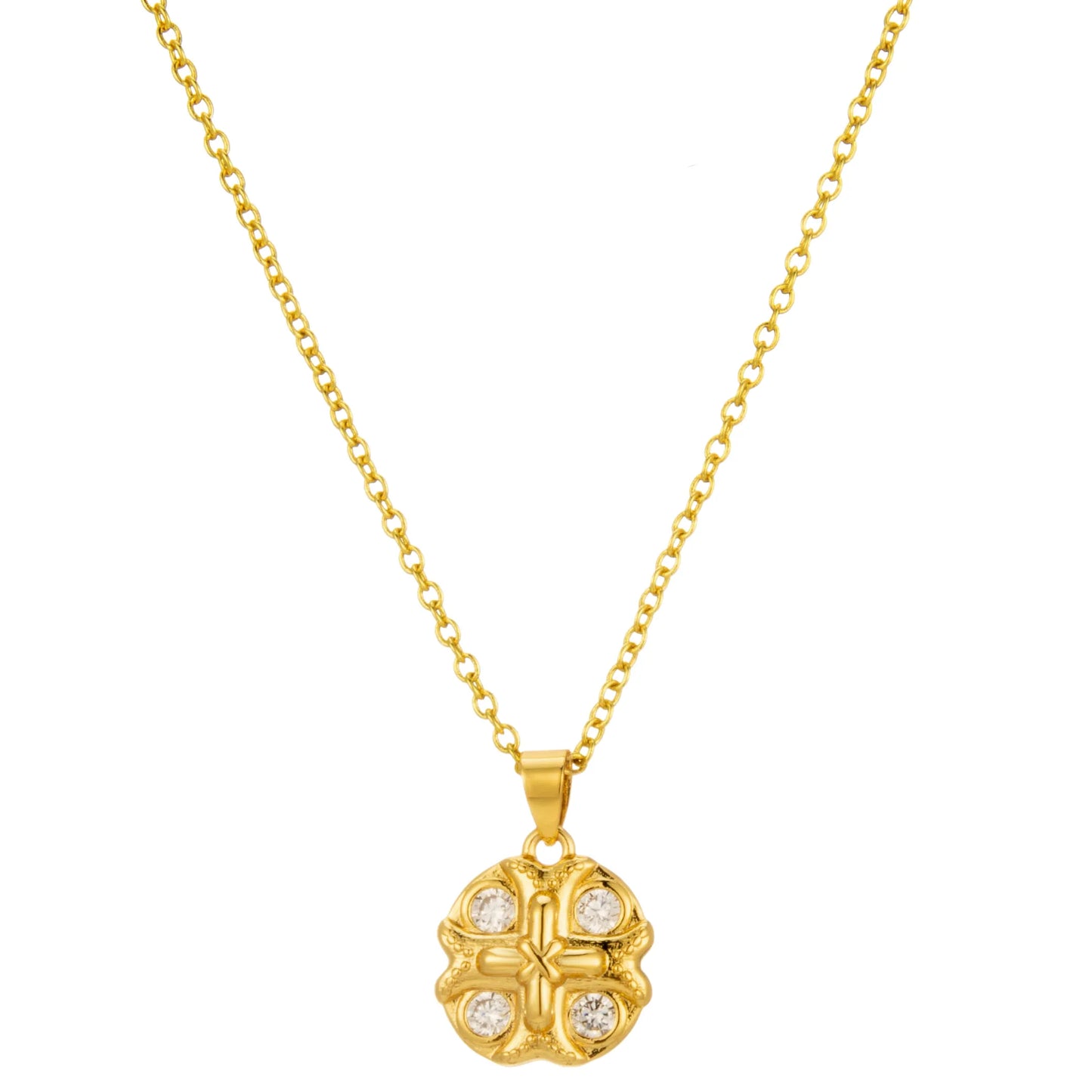 Ajatine gold-tone brass cross pendant necklace with four sparkling zircon stones, dainty everyday religious jewelry