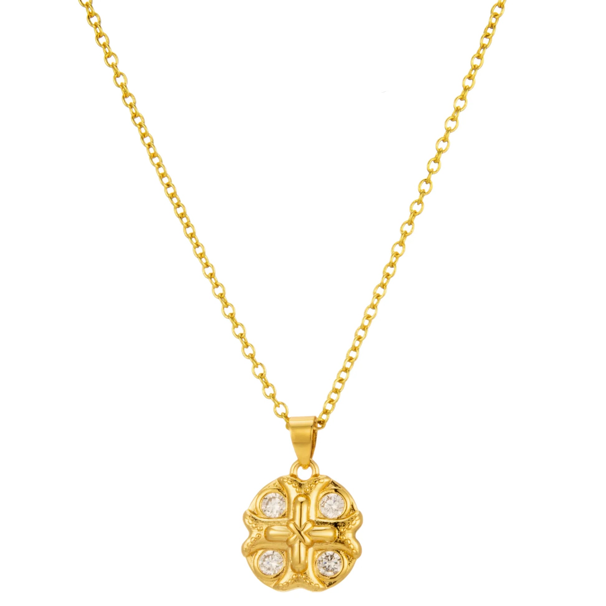 Ajatine gold-tone brass cross pendant necklace with four sparkling zircon stones, dainty everyday religious jewelry