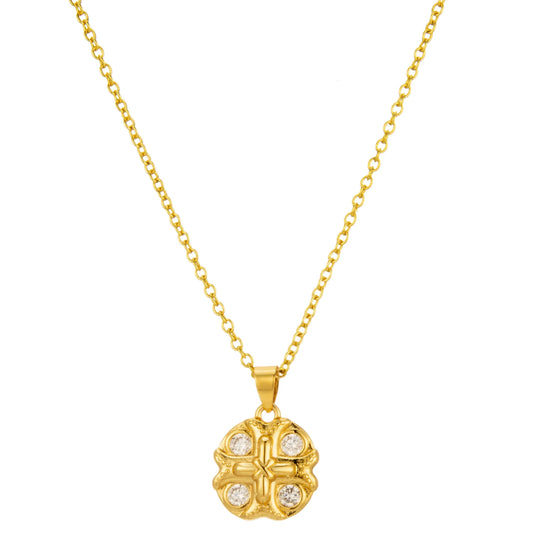 Ajatine gold-tone brass cross pendant necklace with four sparkling zircon stones, dainty everyday religious jewelry