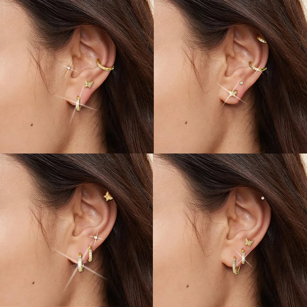 Ajatine gold butterfly and hoop earrings set, multi-style stainless steel earrings for women