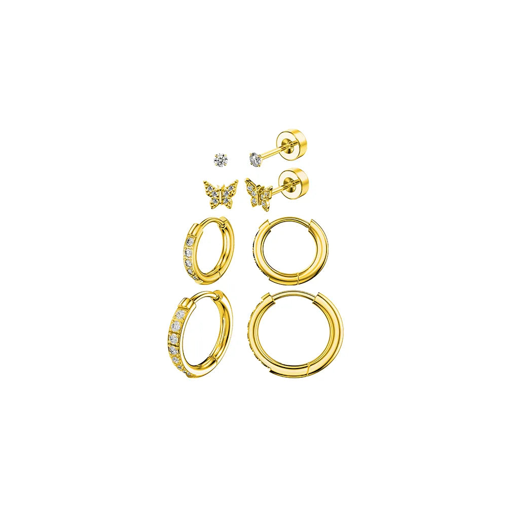 Ajatine gold butterfly and hoop earrings set, multi-style stainless steel earrings for women