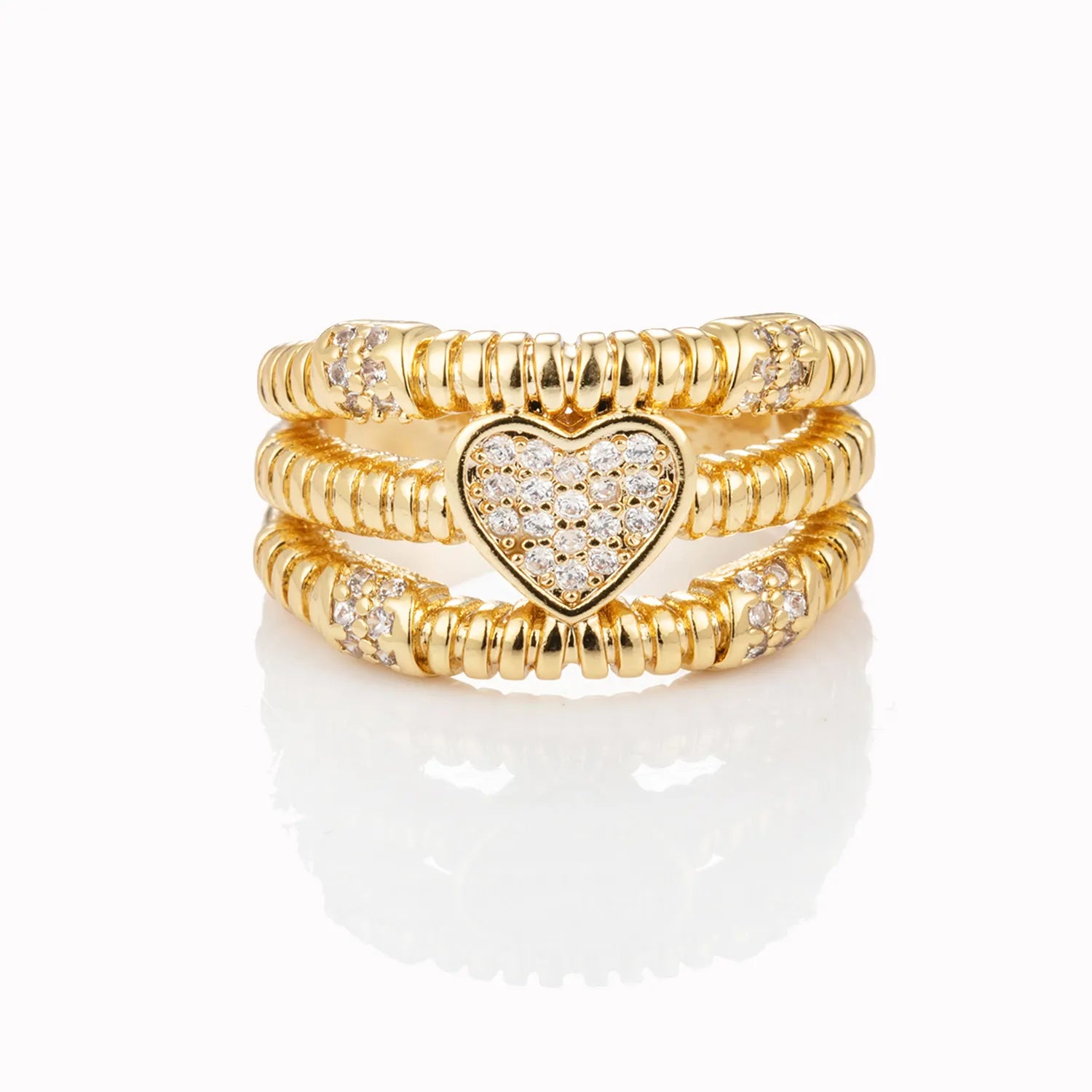 Ajatine gold heart stacking rings with crystals, elegant stackable ring set for women, vintage-inspired romantic jewelry.