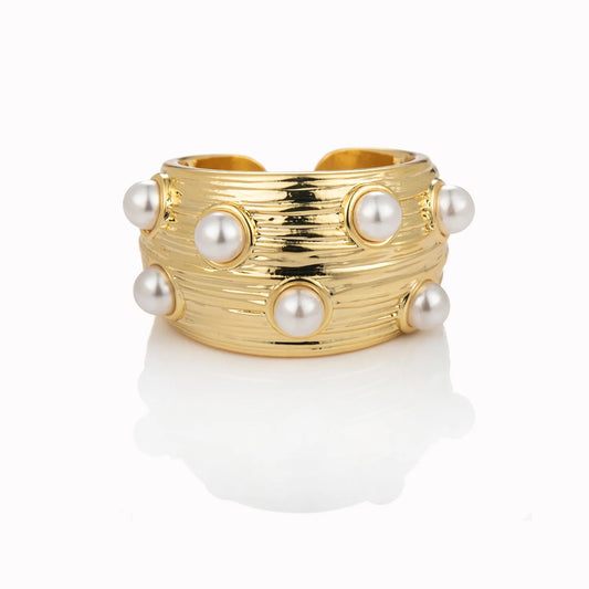 Ajatine gold pearl statement ring, bold vintage-inspired elegant jewelry for women